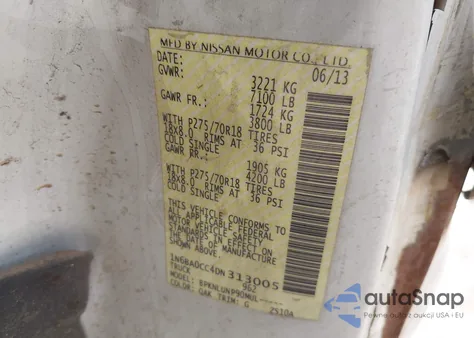 2013 Nissan Titan Pro-4X z USA, uszkodzony, nr VIN 1N6BA0CC4DN313005